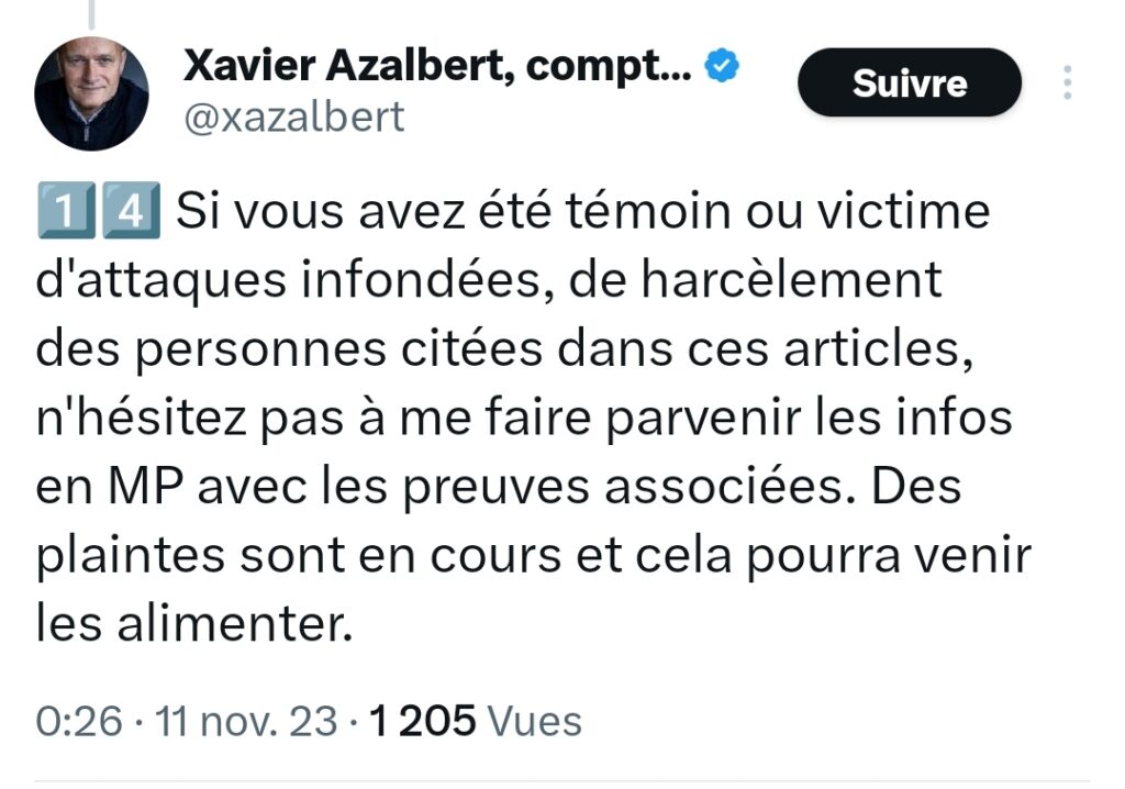 Appel à témoignage de Xavier Azalbert sur Twitter