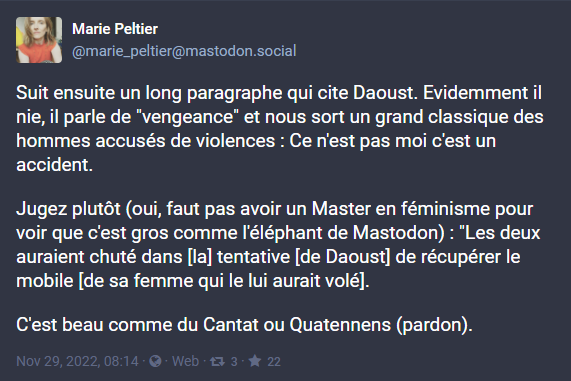 Capture d'écran d'une déclaration de Marie Peltier le 29.11.2022 sur Mastodon