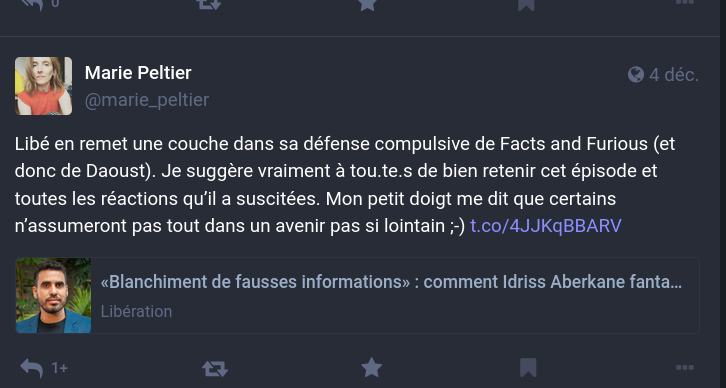 Déclaration de Marie Peltier sur Mastodon en décembre 2022