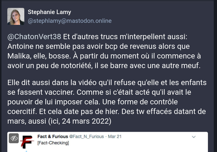 Screenshot d'une déclaration de Stephanie Lamy sur mastodon le 29.11.2022